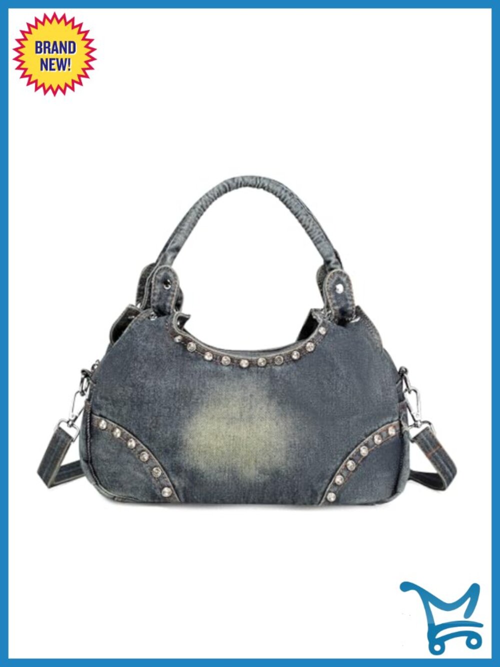 Denim Crossbody Bag with Rhinestones Y2K Jean Purse Handbag for Women